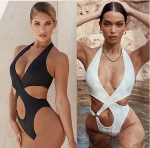 Two images of woman in one black and one white halter neck cross over low cut high legged swimsuit 